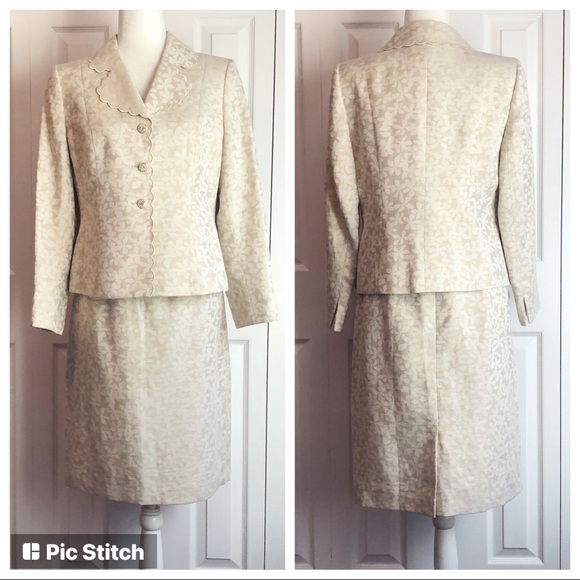 Kasper 2 PC Cream & Gold Floral Linen Blend Skirt Set 10 Petite - Picture 1 of 15